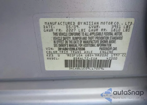 2009 Nissan Sentra 2.0S z USA, uszkodzony, nr VIN 3N1AB61E09L670596